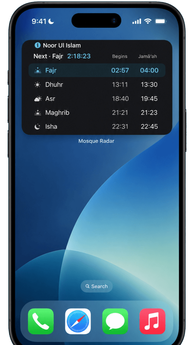Mosque Radar showing today's prayer times